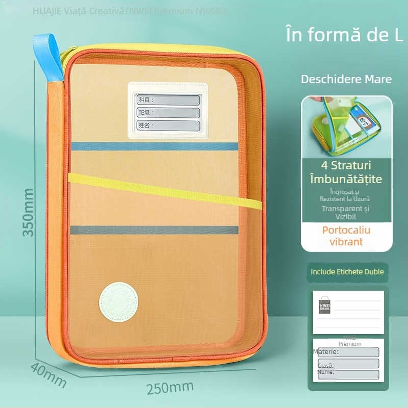 Geantă de dosar Huajie A4, geantă transparentă cu deschidere mare, geantă tutorială pentru studenți, geantă de transport pentru cărți, geantă de clasificare a subiectelor