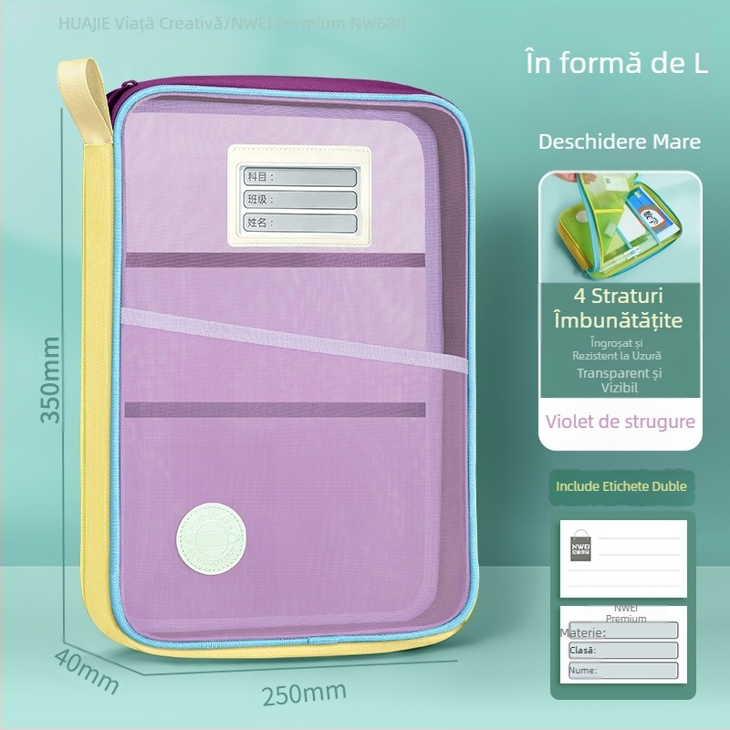 Geantă de dosar Huajie A4, geantă transparentă cu deschidere mare, geantă tutorială pentru studenți, geantă de transport pentru cărți, geantă de clasificare a subiectelor