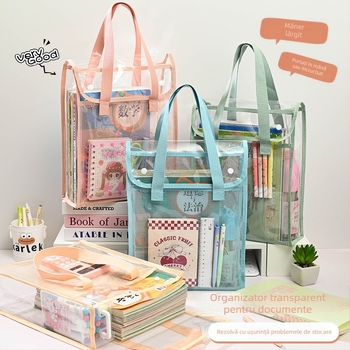 Geantă transparentă Ins Style pentru meditații, geantă pentru studenți, geantă cu presă pentru dosare, geantă specială impermeabilă, capacitate mare, geantă de hârtie pentru testare din PVC