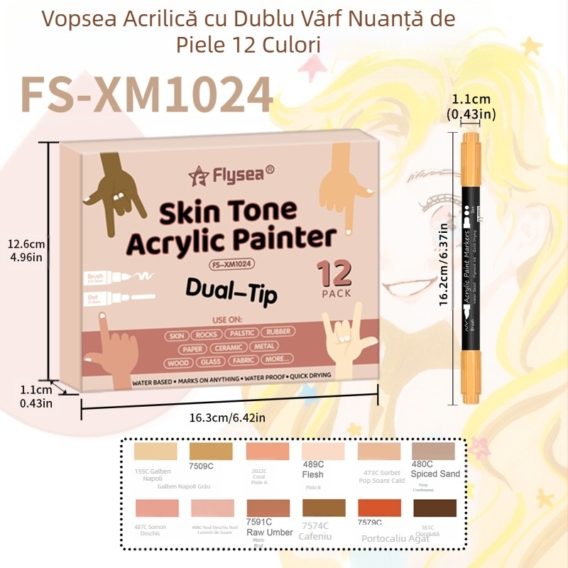 Costum acrilic transfrontalier pentru culoarea pielii, 12 unghii, graffiti, piele pictată cu cap moale, marker cu cap dublu din sticlă DIY