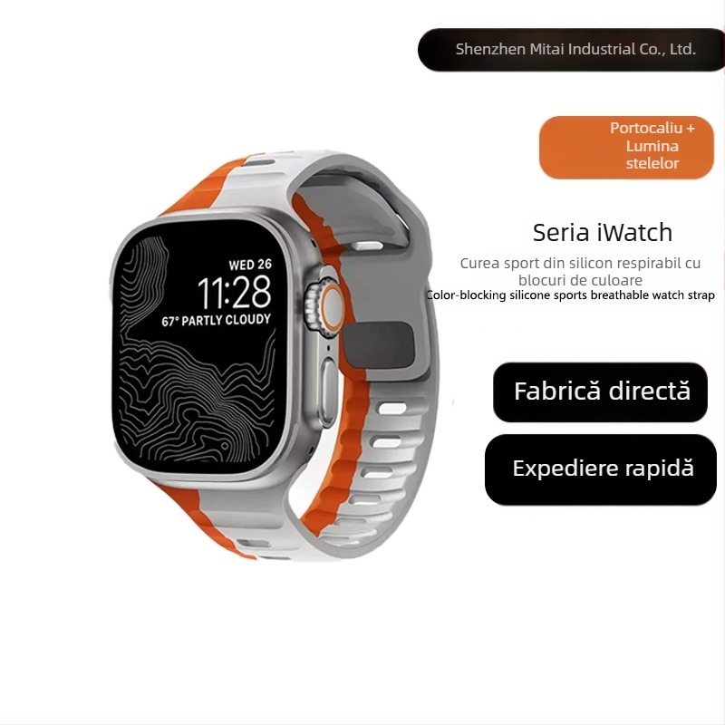 Potrivit pentru Apple Watch, cataramă pătrată 38/42, curea din silicon contrastant Ultra, stoc disponibil de la producător.
