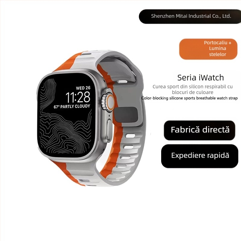 Potrivit pentru Apple Watch, cataramă pătrată 38/42, curea din silicon contrastant Ultra, stoc disponibil de la producător.