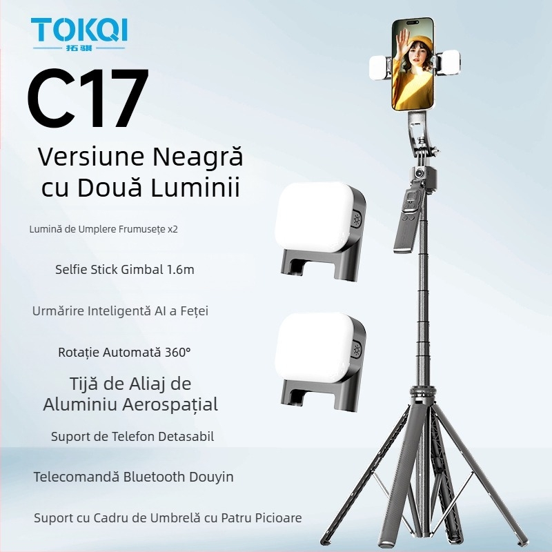 Băț selfie C17 cu urmărire facială, suport retractabil pentru telefon mobil, anti-vibrații, stick de urmărire complet automat