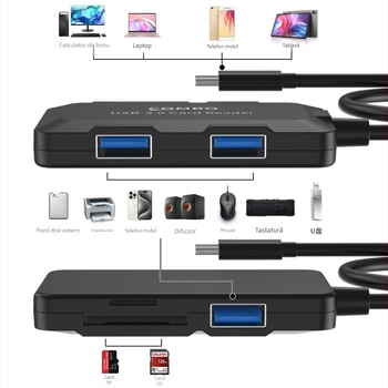 Hub 2.0 pentru laptop cinci-în-unu, cablu splitter USB 2.0, cititor de carduri pentru telefon mobil, descărcare instantanee de date, portabil