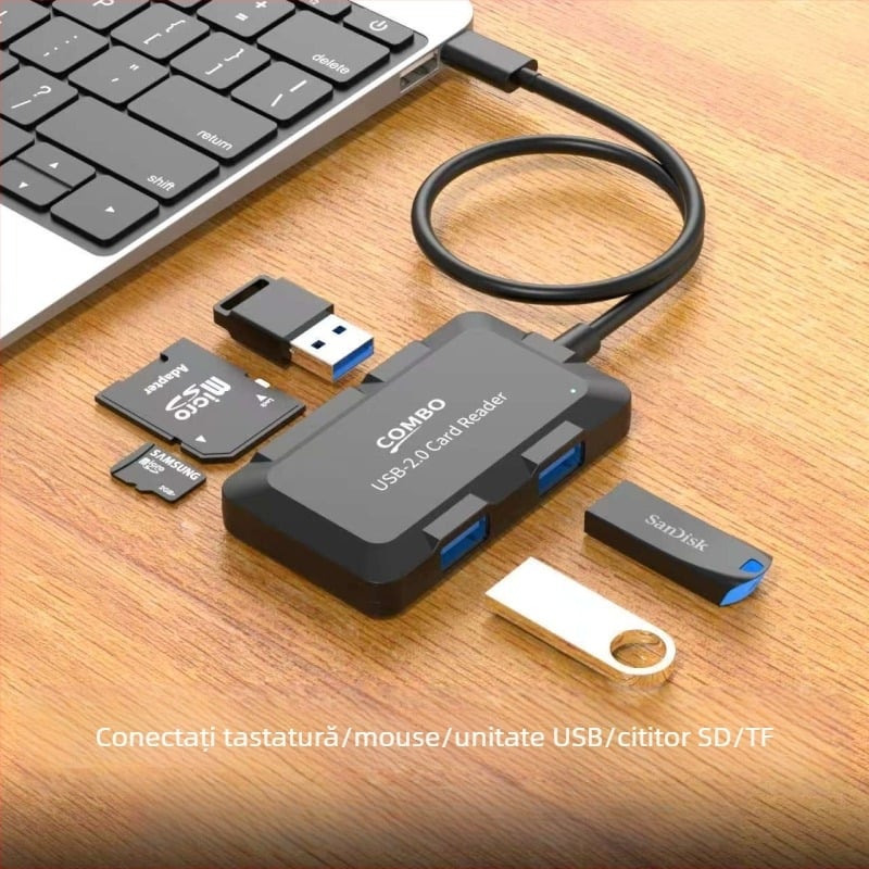 Hub 2.0 pentru laptop cinci-în-unu, cablu splitter USB 2.0, cititor de carduri pentru telefon mobil, descărcare instantanee de date, portabil