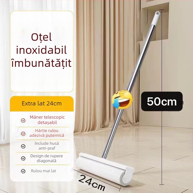 Rolă mare de scame cu mâner lung pentru îndepărtarea părului de pe paturi și podele, perie cu rolă pentru curățarea prafului