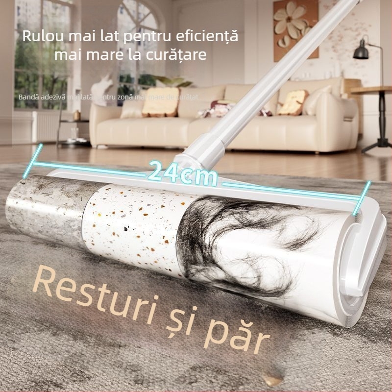 Rolă mare de scame cu mâner lung pentru îndepărtarea părului de pe paturi și podele, perie cu rolă pentru curățarea prafului