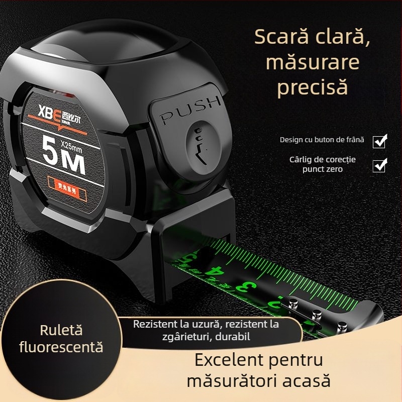 Riglă fluorescentă cu tehnologie neagră, cu ruletă importată, 5 metri lățime, 7,5 metri grosime, 10 metri, riglă rezistentă la uzură, de înaltă precizie
