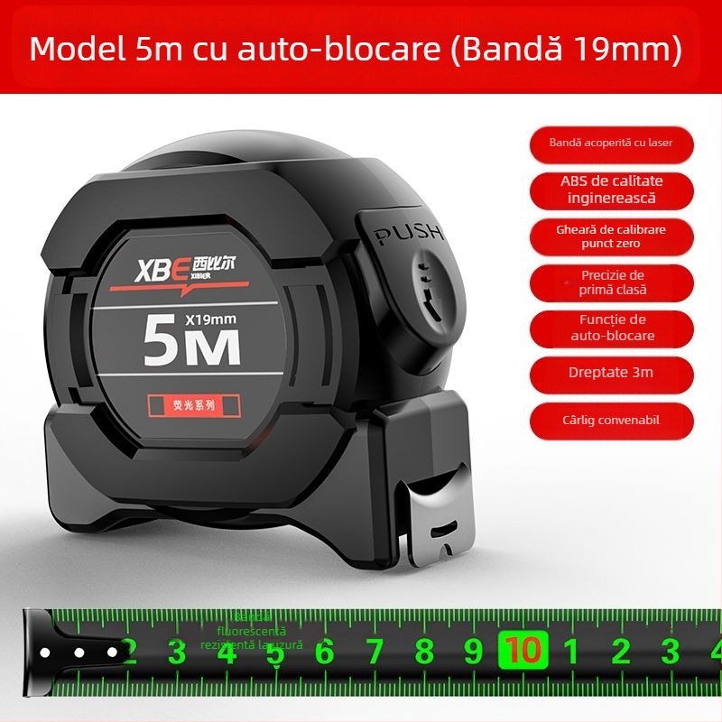 Riglă fluorescentă cu tehnologie neagră, cu ruletă importată, 5 metri lățime, 7,5 metri grosime, 10 metri, riglă rezistentă la uzură, de înaltă precizie