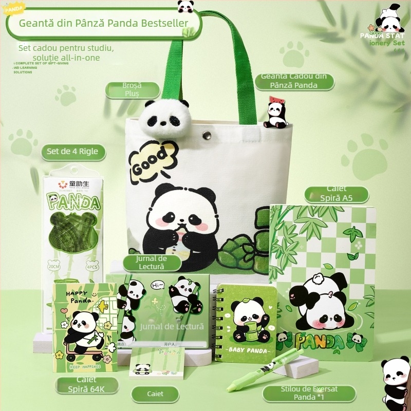 Set de papetărie cu geantă de pânză cu panda drăguț, cadou practic pentru întoarcerea la școală pentru elevii de școală primară, suvenir de grădiniță, cadou de înaltă calitate