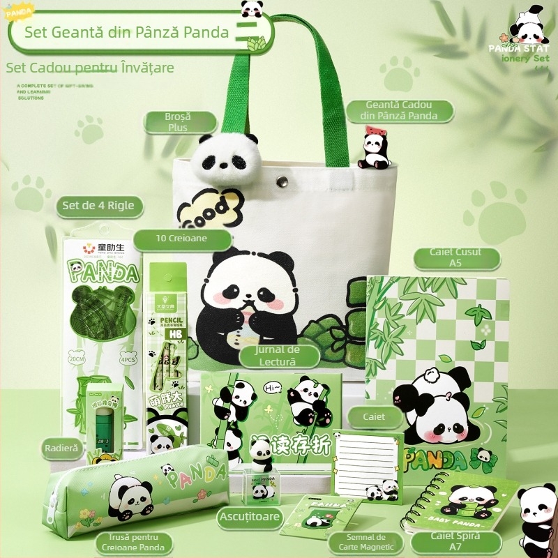 Set de papetărie cu geantă de pânză cu panda drăguț, cadou practic pentru întoarcerea la școală pentru elevii de școală primară, suvenir de grădiniță, cadou de înaltă calitate