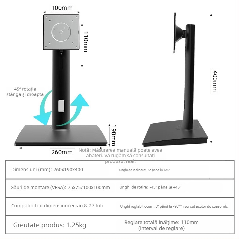 Suport de bază rotativ reglabil pentru monitor de computer, cadru de susținere reglabil și rotativ, 8-27 inch