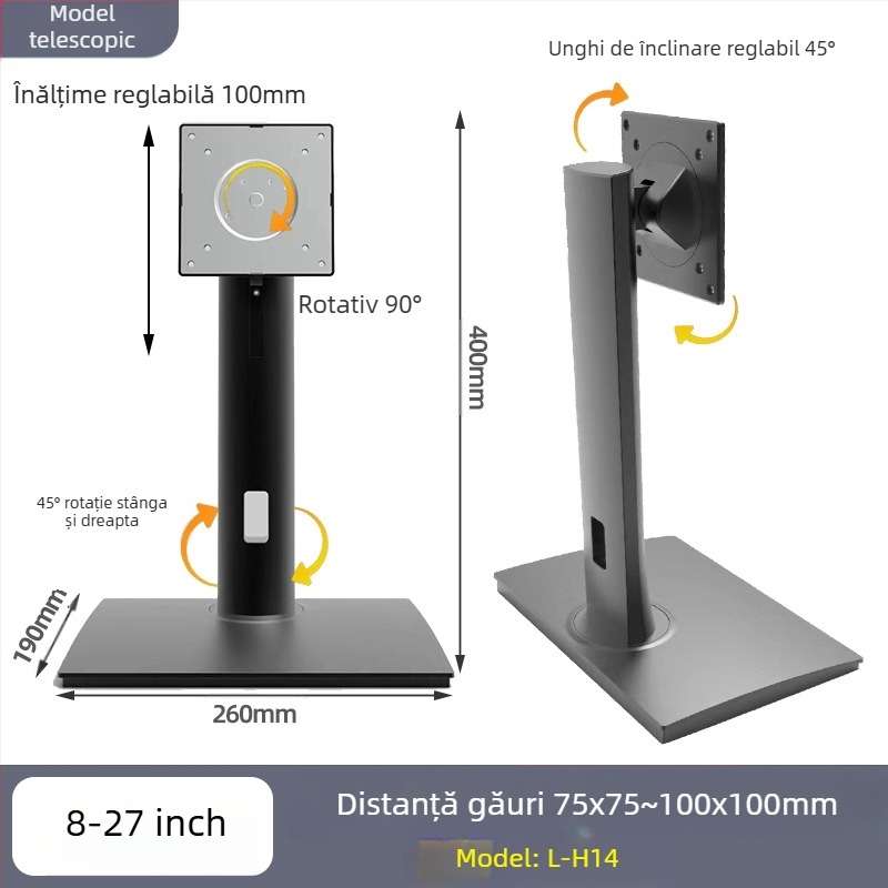 Suport de bază rotativ reglabil pentru monitor de computer, cadru de susținere reglabil și rotativ, 8-27 inch