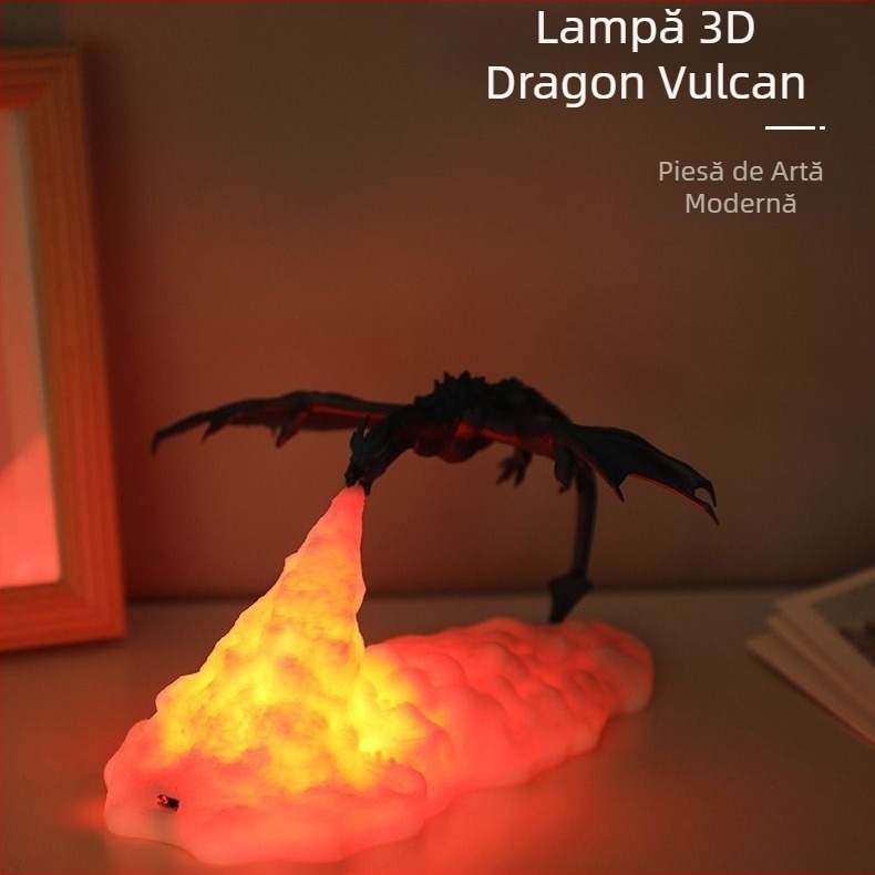 Lampă de dragon imprimată 3D care scuipă foc, lampă rachetă, dormitor, decor creativ, lumină de noapte cu LED-uri reîncărcabile, cadou de sărbătoare