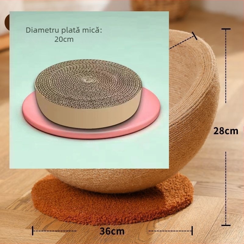 Zgârietoare și cuib pentru pisici din sisal, jucărie extra mare multifuncțională pentru pisici, rezistentă la zgârieturi și nu lasă firimituri. Bazinul pentru cuib este fabricat din frânghie de cânepă și nu poate fi zgâriat.