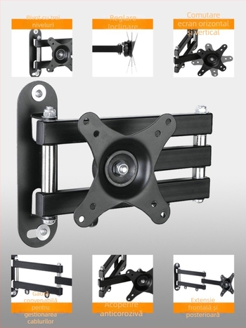 Suport monitor telescopic rotativ, montat pe perete, comutare ecran orizontală și verticală, universal, 17, 24, 27, 32 inch, montat pe perete