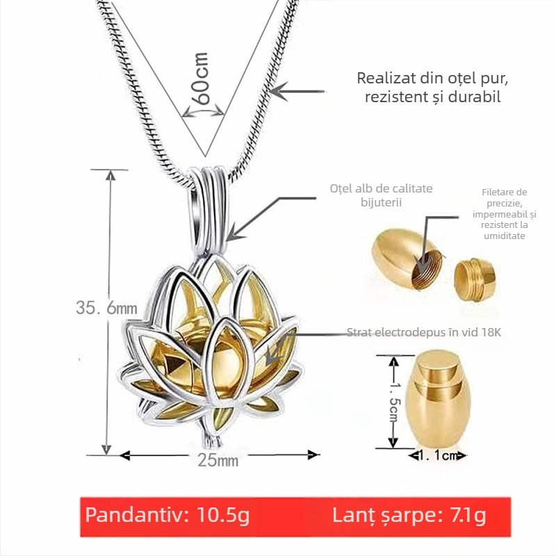 Colier de flori transfrontalier Europa și Statele Unite, în formă de lotus, cu sticlă de parfum goală, pandantiv, urnă memorială pentru păr, poate fi deschisă