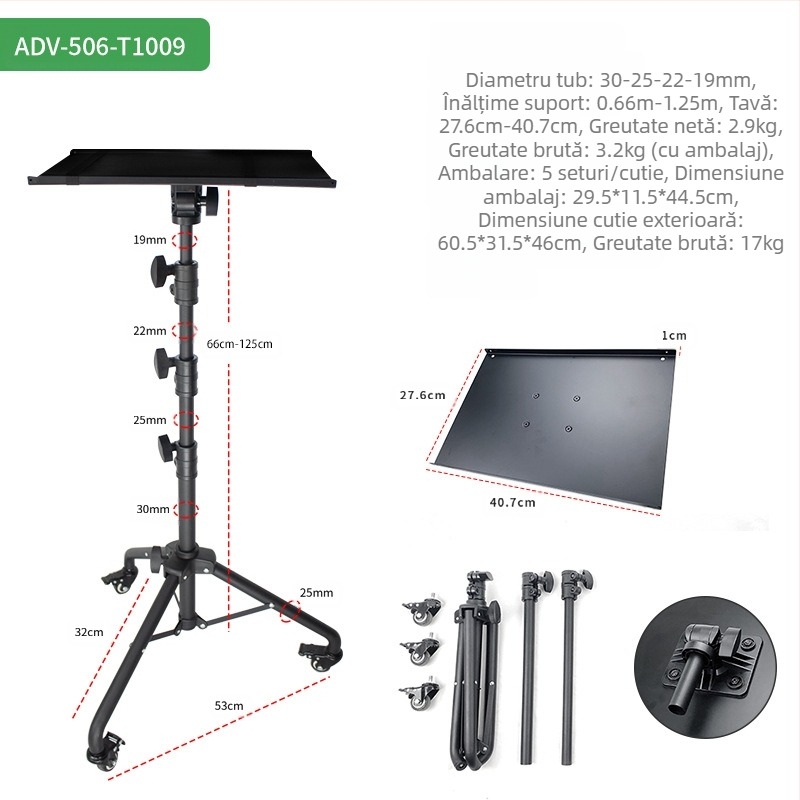 Suport pentru laptop, trepied mobil cu roți, suport universal mobil pentru proiector cu scripete, suport pentru proiector