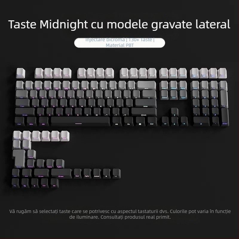 Taste translucide Pbt cu modele gravate lateral, suprafață micro-șlefuită, 131 de taste, sublimare cu gradient în șase culori, la modă, compatibile cu tastaturile mecanice