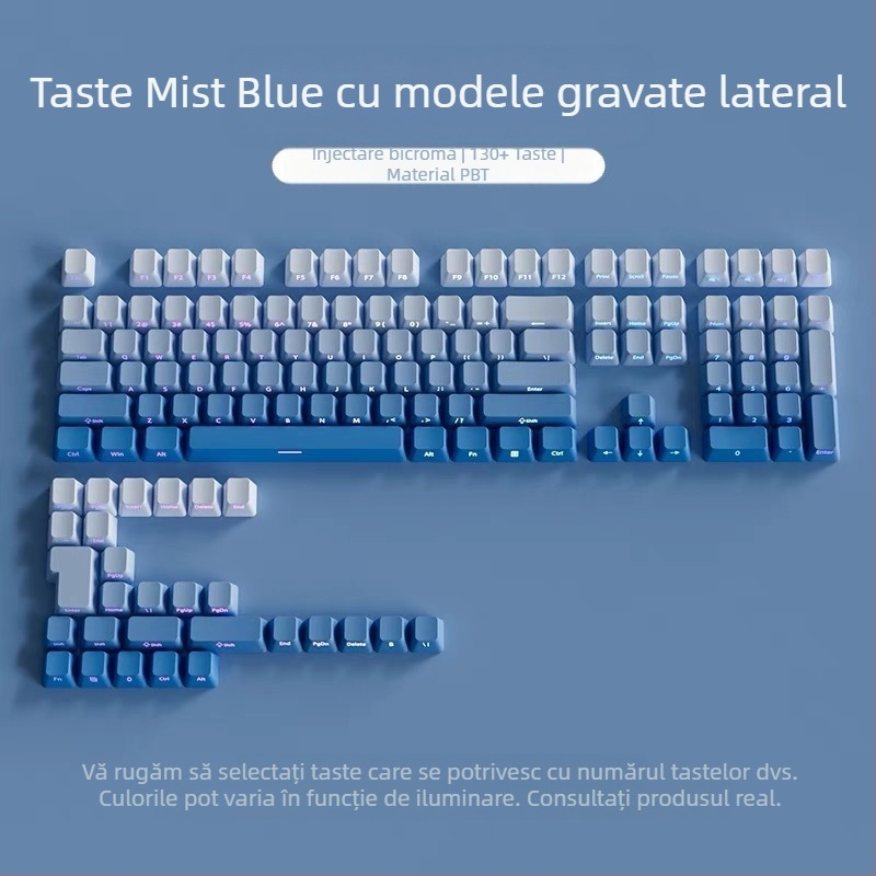 Taste translucide Pbt cu modele gravate lateral, suprafață micro-șlefuită, 131 de taste, sublimare cu gradient în șase culori, la modă, compatibile cu tastaturile mecanice