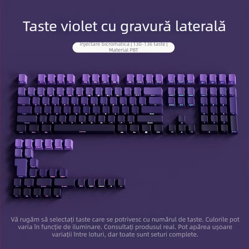 Taste translucide Pbt cu modele gravate lateral, suprafață micro-șlefuită, 131 de taste, sublimare cu gradient în șase culori, la modă, compatibile cu tastaturile mecanice