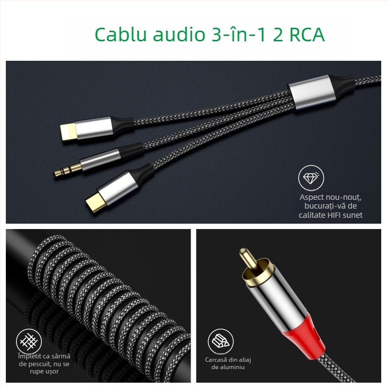 Cablu audio Lotus transfrontalier trei-în-unu la 2Rca, potrivit pentru amplificator audio Apple de tip C de 3,5 mm la difuzor