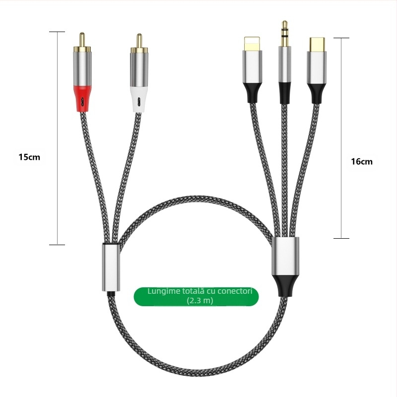 Cablu audio Lotus transfrontalier trei-în-unu la 2Rca, potrivit pentru amplificator audio Apple de tip C de 3,5 mm la difuzor