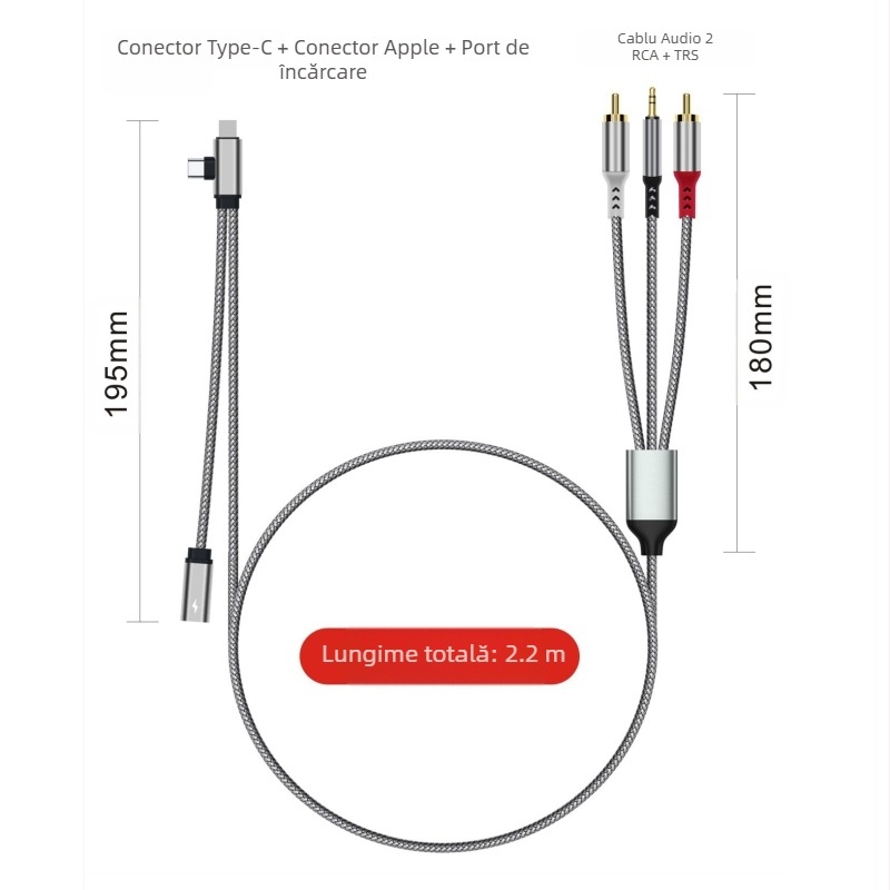 Cablu audio Lotus transfrontalier trei-în-unu la 2Rca, potrivit pentru amplificator audio Apple de tip C de 3,5 mm la difuzor