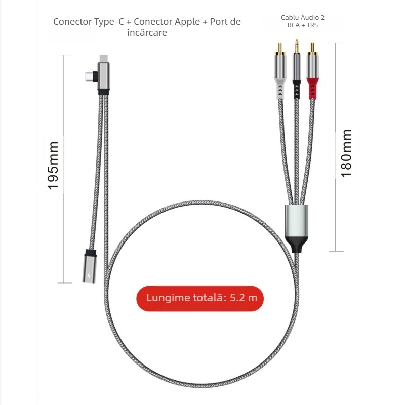 Cablu audio Lotus transfrontalier trei-în-unu la 2Rca, potrivit pentru amplificator audio Apple de tip C de 3,5 mm la difuzor