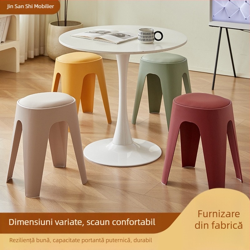 Scaun din plastic de uz casnic, scaun de depozitare stivuibil, scaun modern simplu pentru restaurant, scaun din piele moale, pernă rotundă din plastic, scaun