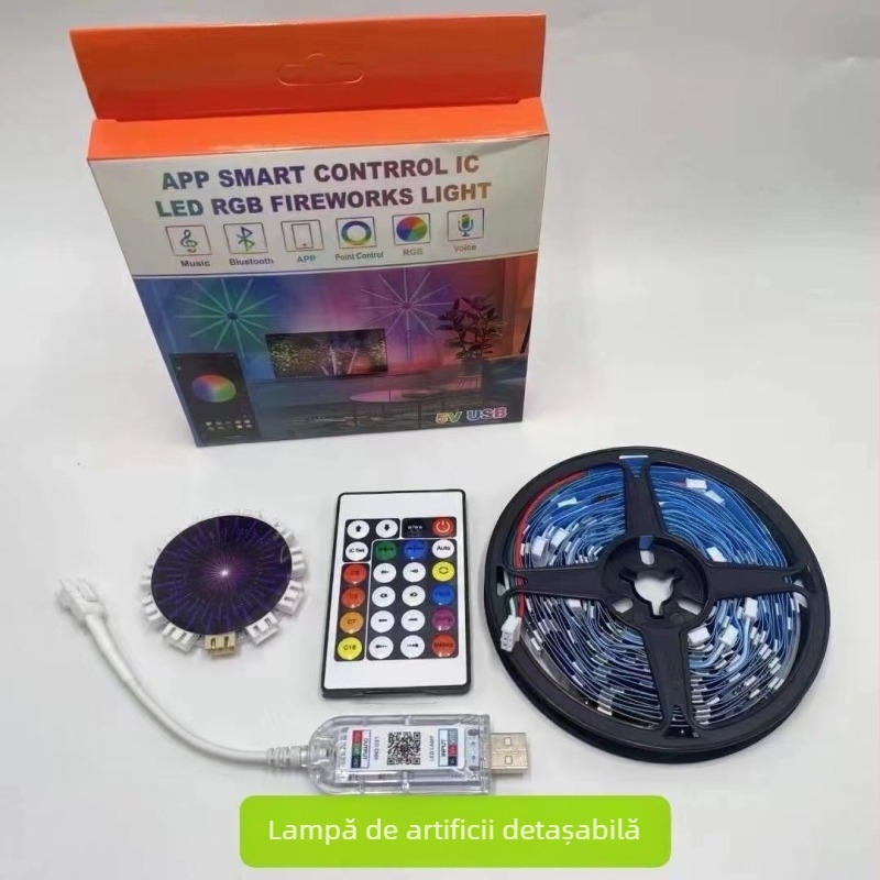Lumină inteligentă cu LED-uri, cu aplicație Bluetooth, control vocal transfrontalier, cu focuri de artificii digitale Fantasy, cu LED-uri