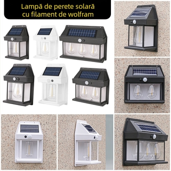 Lampă de perete solară pentru exterior, inducție corporală, lampă de perete cu trei moduri din sârmă de tungsten, lumină de noapte impermeabilă pentru grădină și vilă