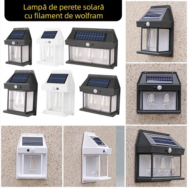 Lampă de perete solară pentru exterior, inducție corporală, lampă de perete cu trei moduri din sârmă de tungsten, lumină de noapte impermeabilă pentru grădină și vilă