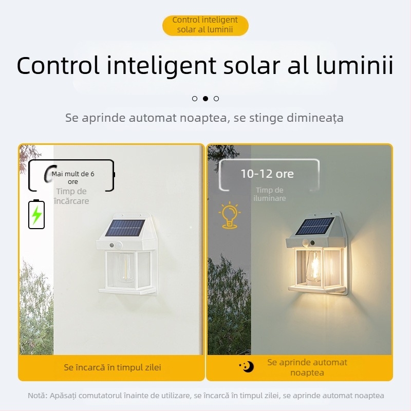 Lampă de perete solară pentru exterior, inducție corporală, lampă de perete cu trei moduri din sârmă de tungsten, lumină de noapte impermeabilă pentru grădină și vilă