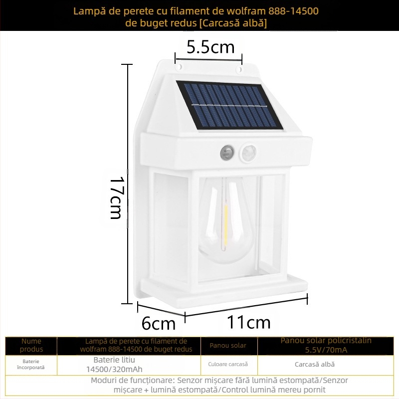 Lampă de perete solară pentru exterior, inducție corporală, lampă de perete cu trei moduri din sârmă de tungsten, lumină de noapte impermeabilă pentru grădină și vilă
