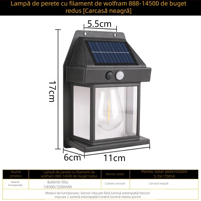 Lampă de perete solară pentru exterior, inducție corporală, lampă de perete cu trei moduri din sârmă de tungsten, lumină de noapte impermeabilă pentru grădină și vilă