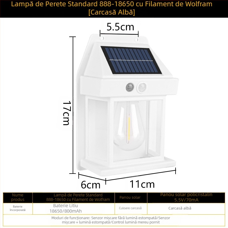 Lampă de perete solară pentru exterior, inducție corporală, lampă de perete cu trei moduri din sârmă de tungsten, lumină de noapte impermeabilă pentru grădină și vilă
