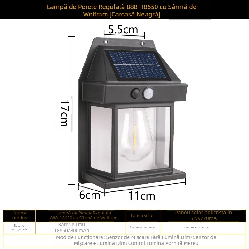 Lampă de perete solară pentru exterior, inducție corporală, lampă de perete cu trei moduri din sârmă de tungsten, lumină de noapte impermeabilă pentru grădină și vilă