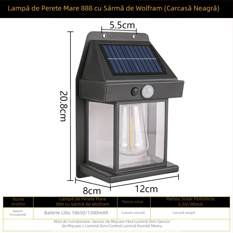 Lampă de perete solară pentru exterior, inducție corporală, lampă de perete cu trei moduri din sârmă de tungsten, lumină de noapte impermeabilă pentru grădină și vilă