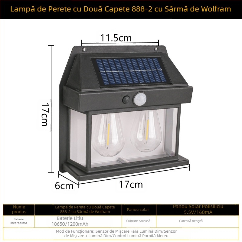 Lampă de perete solară pentru exterior, inducție corporală, lampă de perete cu trei moduri din sârmă de tungsten, lumină de noapte impermeabilă pentru grădină și vilă