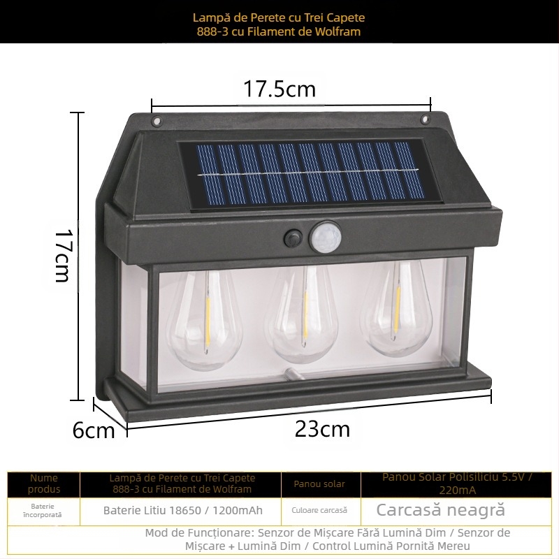 Lampă de perete solară pentru exterior, inducție corporală, lampă de perete cu trei moduri din sârmă de tungsten, lumină de noapte impermeabilă pentru grădină și vilă