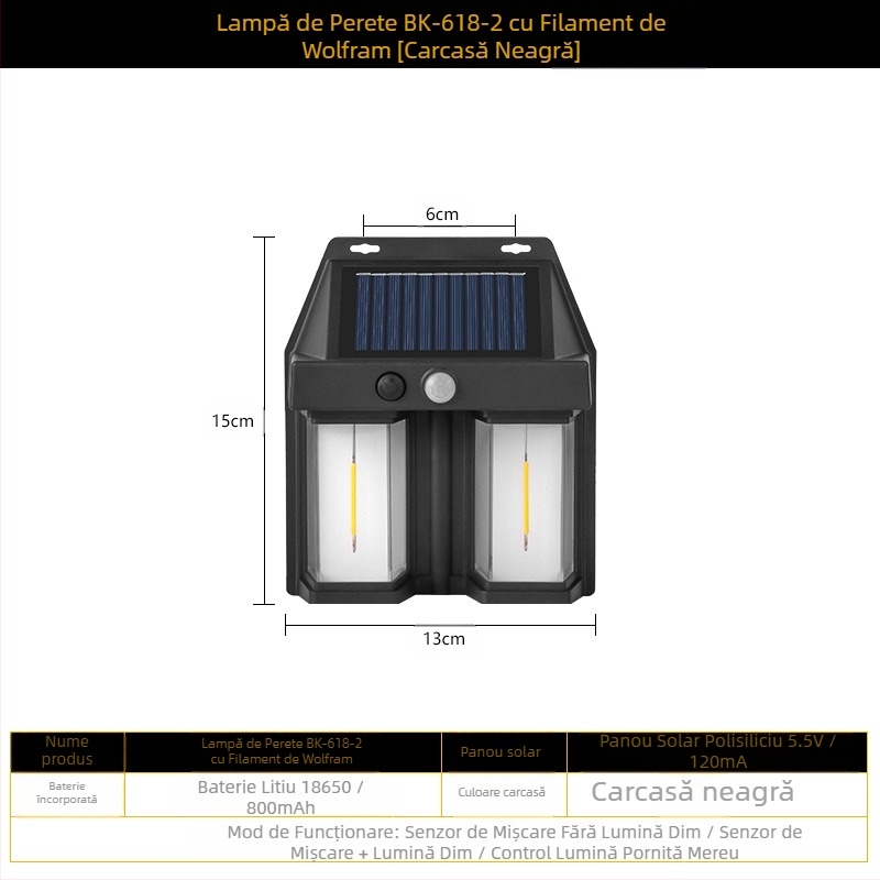 Lampă de perete solară pentru exterior, inducție corporală, lampă de perete cu trei moduri din sârmă de tungsten, lumină de noapte impermeabilă pentru grădină și vilă