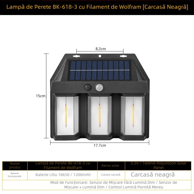 Lampă de perete solară pentru exterior, inducție corporală, lampă de perete cu trei moduri din sârmă de tungsten, lumină de noapte impermeabilă pentru grădină și vilă