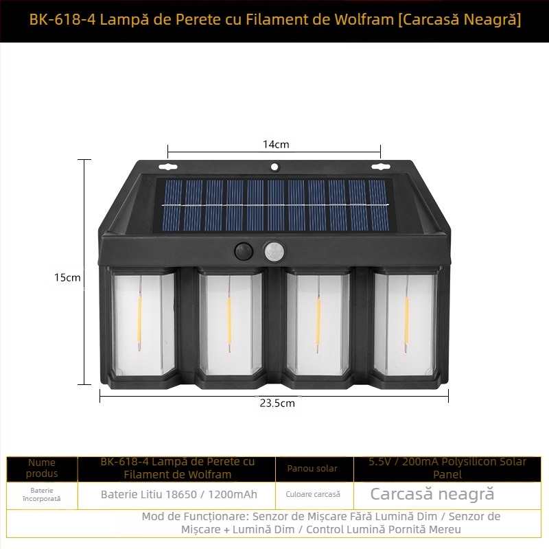 Lampă de perete solară pentru exterior, inducție corporală, lampă de perete cu trei moduri din sârmă de tungsten, lumină de noapte impermeabilă pentru grădină și vilă