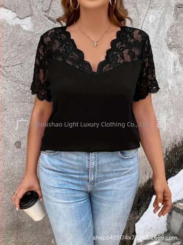 Tricou elegant pentru femei, culoare solidă, cu decolteu în V, cusături din dantelă, mânecă scurtă, top