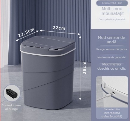 Coș de gunoi inteligent, vechi de 25 de ani, cu inel de presiune luminos albastru încorporat, capac rabatabil, 18 litri, cu senzor rotativ