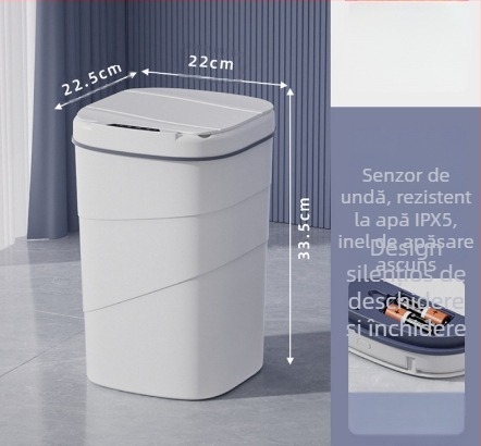 Coș de gunoi inteligent, vechi de 25 de ani, cu inel de presiune luminos albastru încorporat, capac rabatabil, 18 litri, cu senzor rotativ