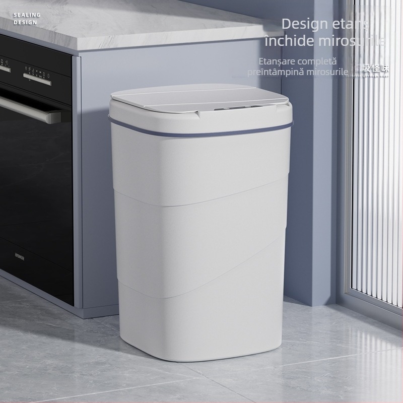 Coș de gunoi inteligent, vechi de 25 de ani, cu inel de presiune luminos albastru încorporat, capac rabatabil, 18 litri, cu senzor rotativ