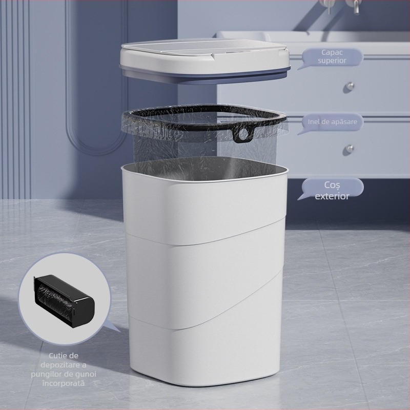 Coș de gunoi inteligent, vechi de 25 de ani, cu inel de presiune luminos albastru încorporat, capac rabatabil, 18 litri, cu senzor rotativ