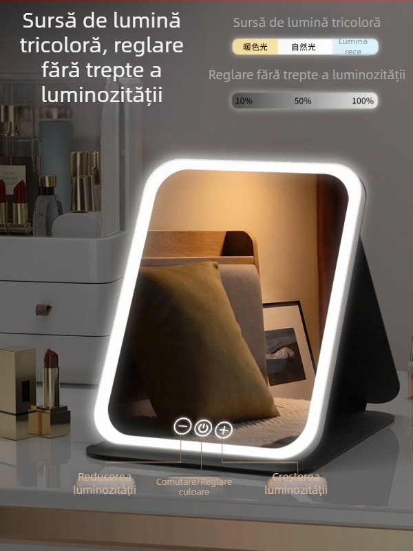 Oglindă de machiaj HD, lampă LED pentru birou, oglindă de toaletă pentru birou cu lampă, oglindă mică, pliabilă pentru cămin studențesc, produs nou